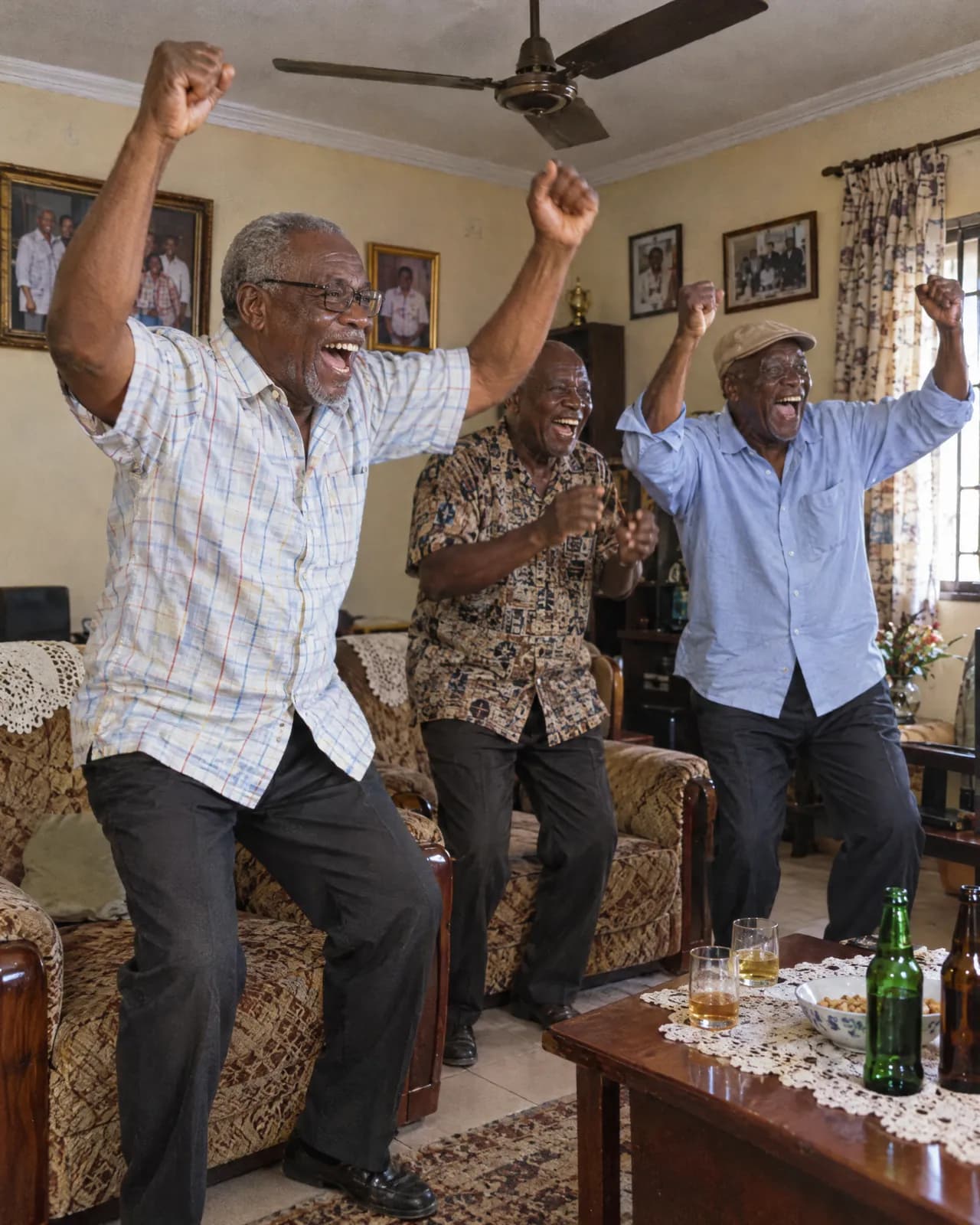 Three older men leaping up to celebrate the same goal