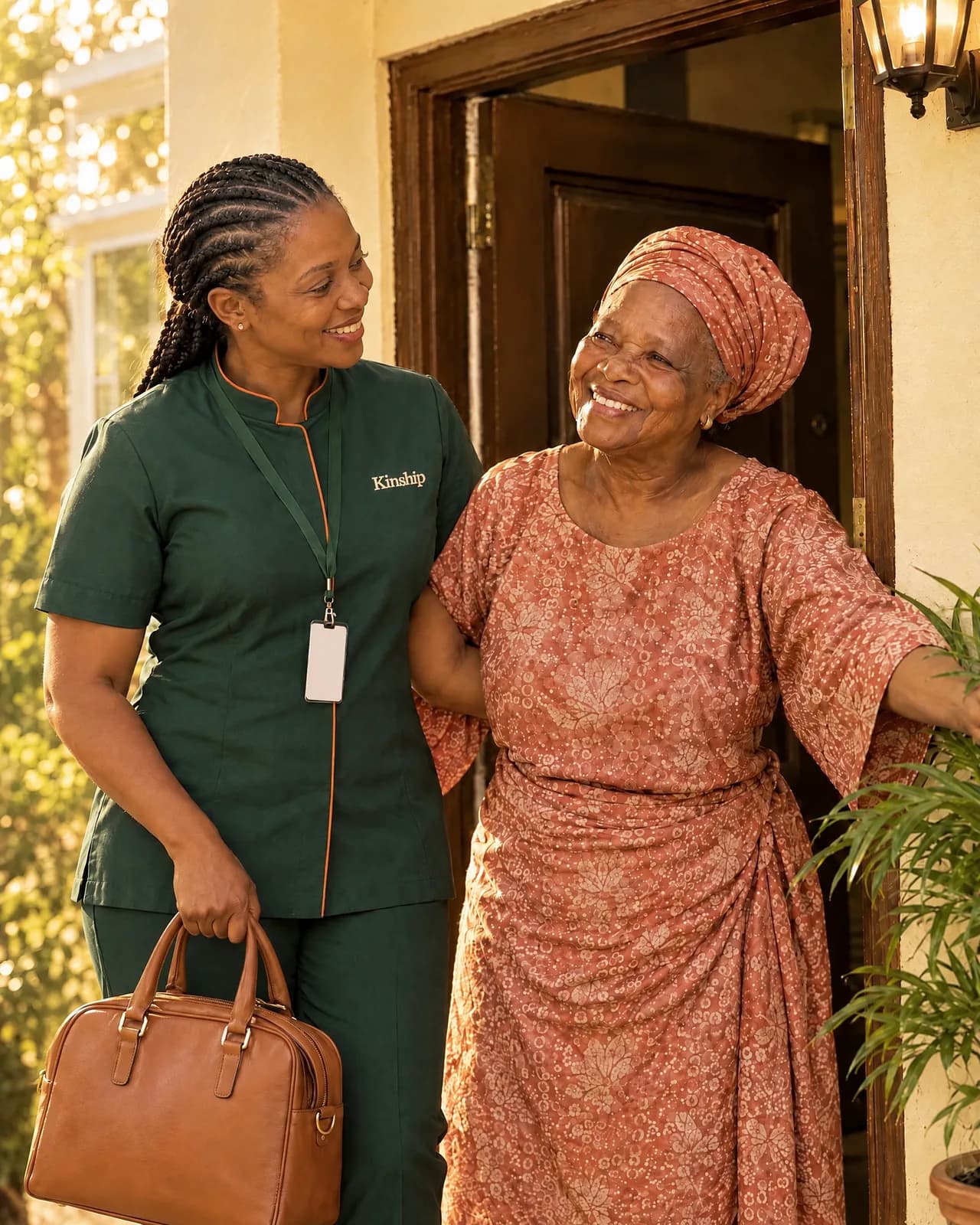 A Kinship nurse arriving with her kit bag, greeted at the door by an older woman