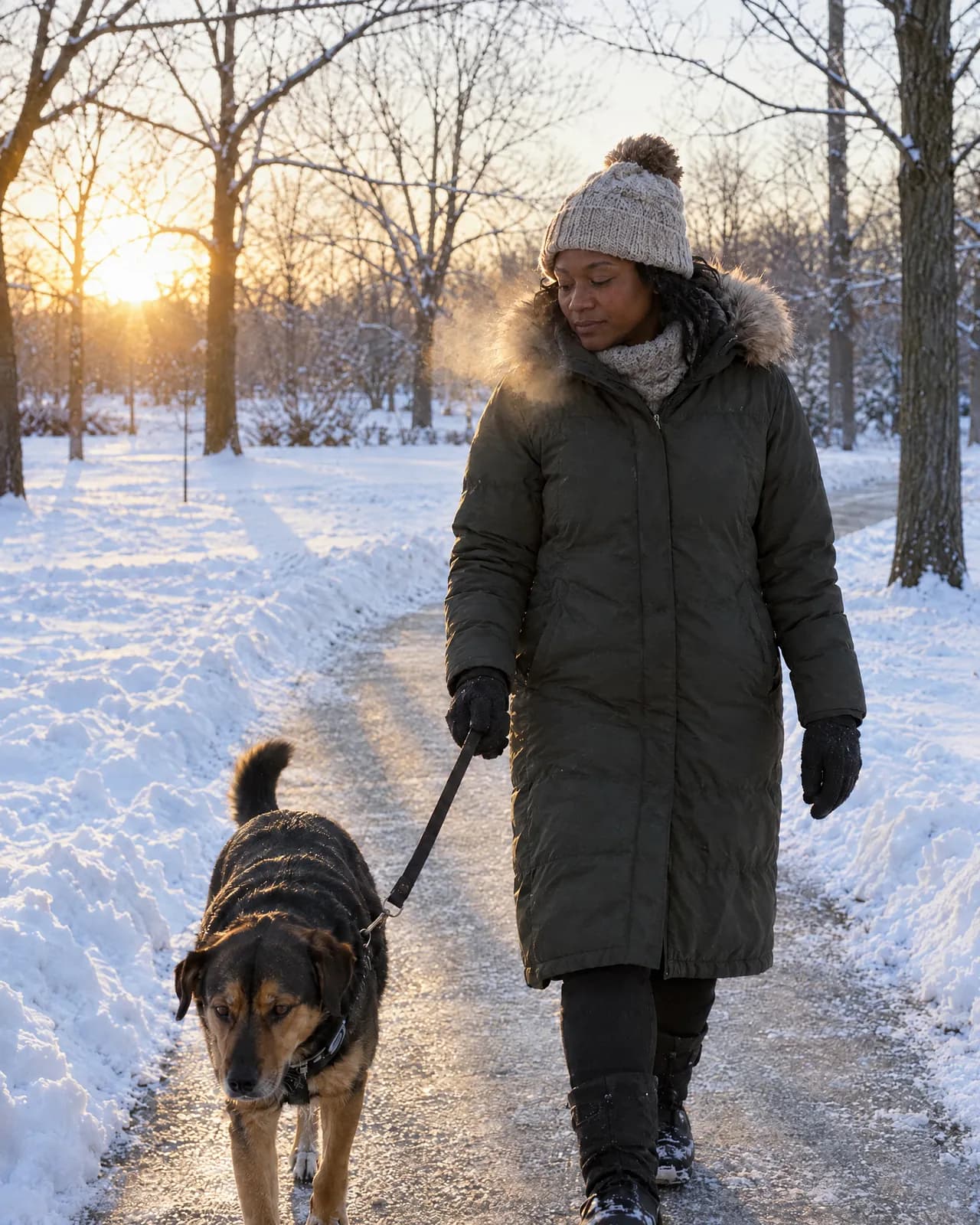 A woman walking her dog in a snowy park at sunrise